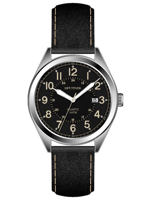Наручные часы Спутник М-401091 Н -1 (черн.жел.оф.) календ.кож.рем