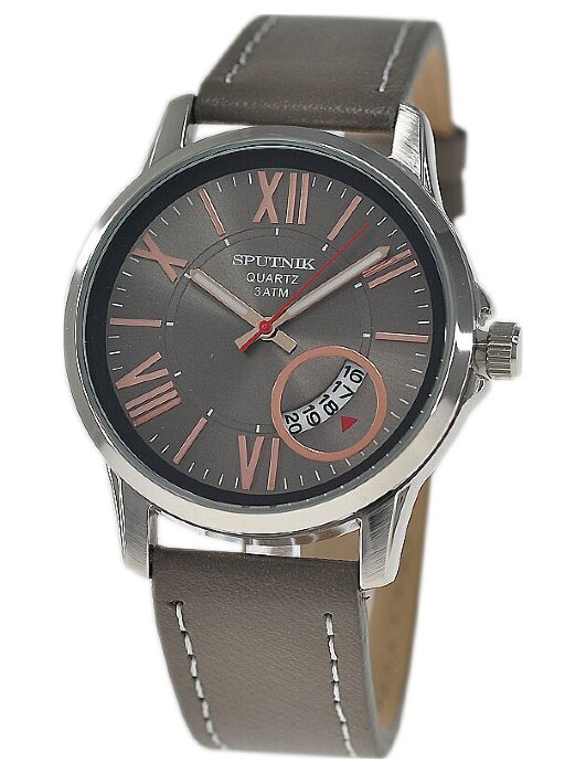 Наручные часы Спутник М-400651-1 (серый,роз.оф.) календ.кож.рем