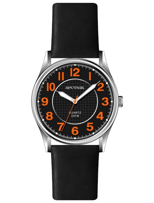 Наручные часы Спутник М-858383 Н-1 (черн.,оран.оф.)кож.рем
