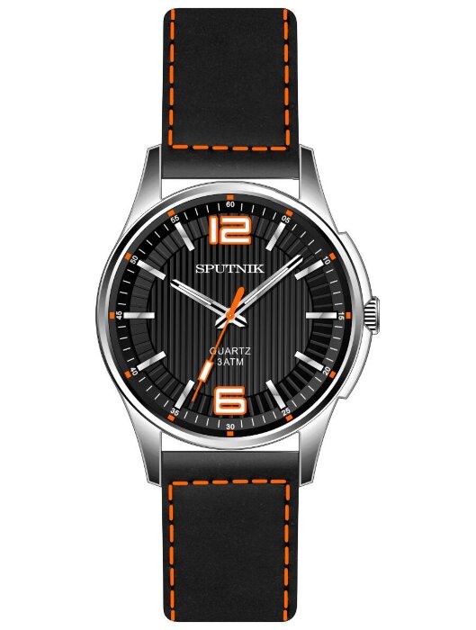 Наручные часы Спутник М-858341 Н -1 (черн.,оранж.оф.)кож.рем