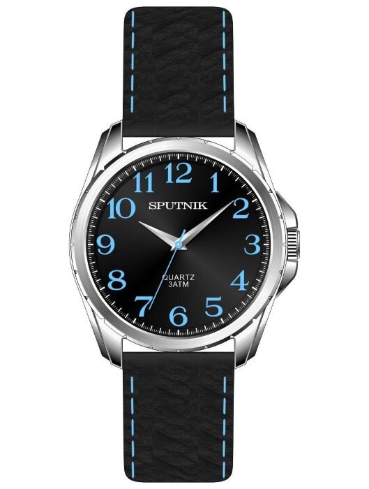 Наручные часы Спутник М-858420 Н-1 (черн.,син.оф)кож.рем