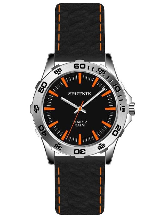Наручные часы Спутник М-858431 Н-1 (черн.,оранж.оф.)кож.рем