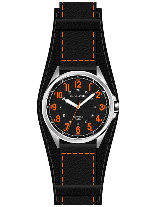 Наручные часы Спутник М-858280 Н -1 (черн.,оранж.оф.)кож.рем