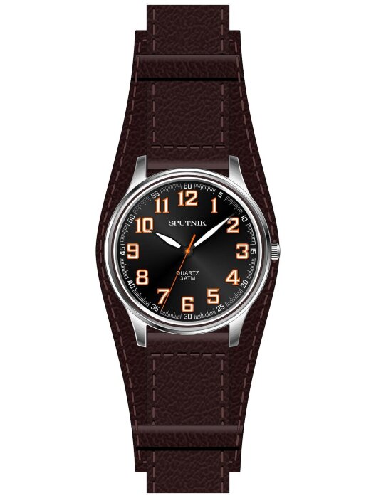 Наручные часы Спутник М-858301 Н-1 (черн.,оранж.оф.)кож.рем