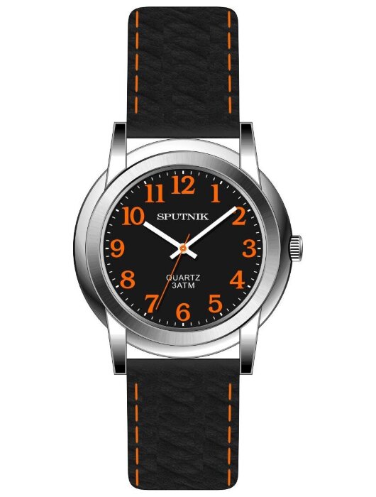Наручные часы Спутник М-858470 Н-1 (черн.,оранж.оф)кож.рем