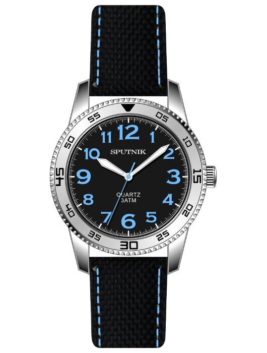 Наручные часы Спутник М-858480 Н-1 (черн.,син.оф.)кож.рем