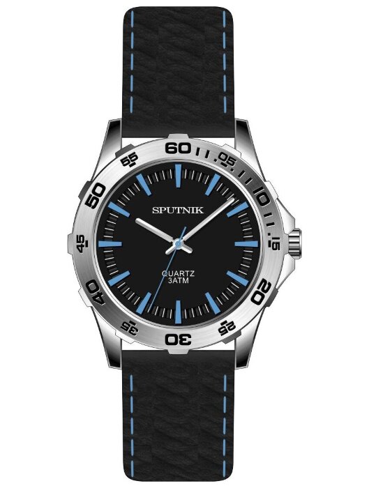 Наручные часы Спутник М-858431 Н-1 (черн.,син.оф)кож.рем