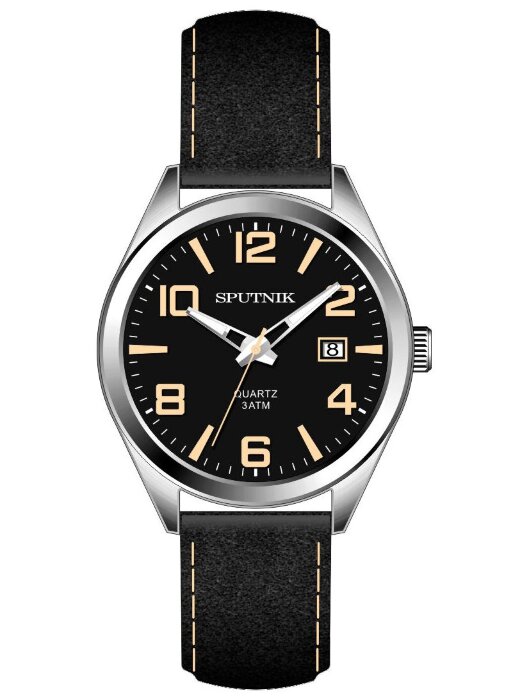 Наручные часы Спутник М-401090 Н -1 (черн.жел.оф.) календ.кож.рем