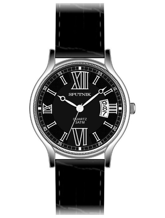 Наручные часы Спутник М-400490-1 (черн.) календ.кож.рем