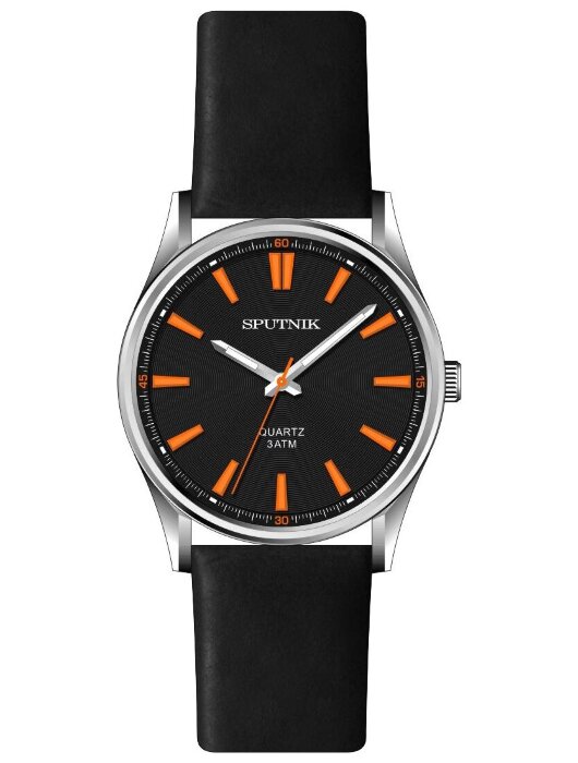 Наручные часы Спутник М-858384 Н-1 (черный,оранж.оф.) кож.рем