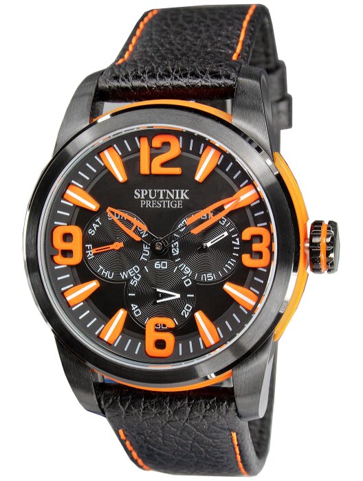 Наручные часы Спутник-Престиж HM-1M834-3 А(черн.,оранж.офор.) многоф кож.рем