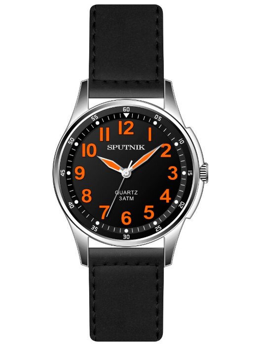 Наручные часы Спутник М-858340 Н -1 (черн.,оранж.оф.)кож.рем