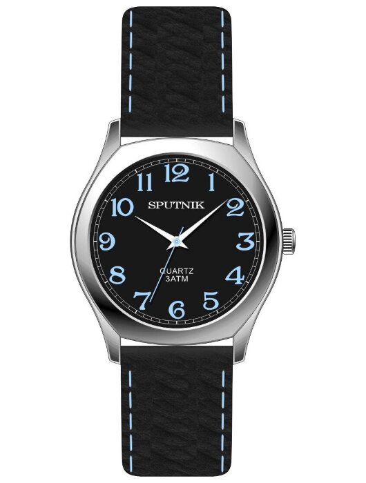 Наручные часы Спутник М-858460 Н-1 (черн.,син.оф.) кож.рем